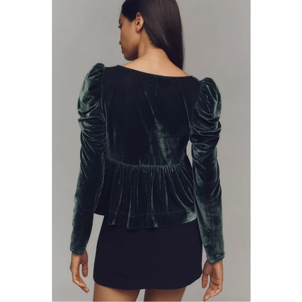 Anthropologie Maeve Velvet Babydoll Top Dark Green Blouse Tie Front XS NWT - Picture 4 of 14